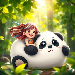 A whimsical scene featuring a girl with playful exuberance, wearing a colorful outfit, sitting inside a large, plush baby panda