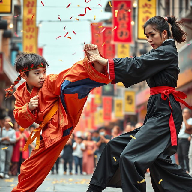 An epic kung fu duel between a young martial artist and a skilled woman fighter