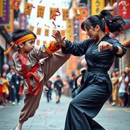 An epic kung fu duel between a young martial artist and a skilled woman fighter