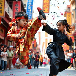 An epic kung fu duel between a young martial artist and a skilled woman fighter