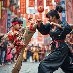 An epic kung fu duel between a young martial artist and a skilled woman fighter