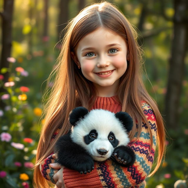 A cute girl with long brown hair, wearing a colorful knitted sweater, joyfully hugging an adorable baby panda