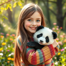 A cute girl with long brown hair, wearing a colorful knitted sweater, joyfully hugging an adorable baby panda