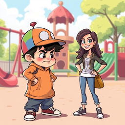 A whimsical cartoon-style illustration depicting an epic yet lighthearted duel between a mischievous little kid and a confident lady