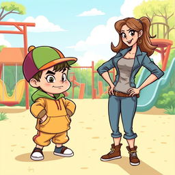 A whimsical cartoon-style illustration depicting an epic yet lighthearted duel between a mischievous little kid and a confident lady