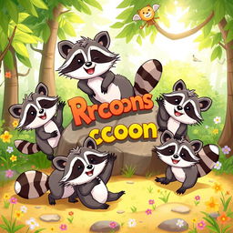 An animated drawing of playful raccoons engaging in fun activities like tumbling and climbing