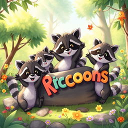 An animated drawing of playful raccoons engaging in fun activities like tumbling and climbing