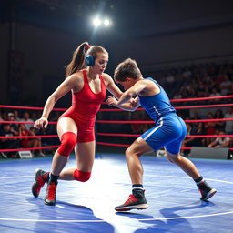 A thrilling wrestling match between a determined woman in a striking red wrestling outfit and a fierce young competitor in blue sports gear on a vibrant wrestling mat