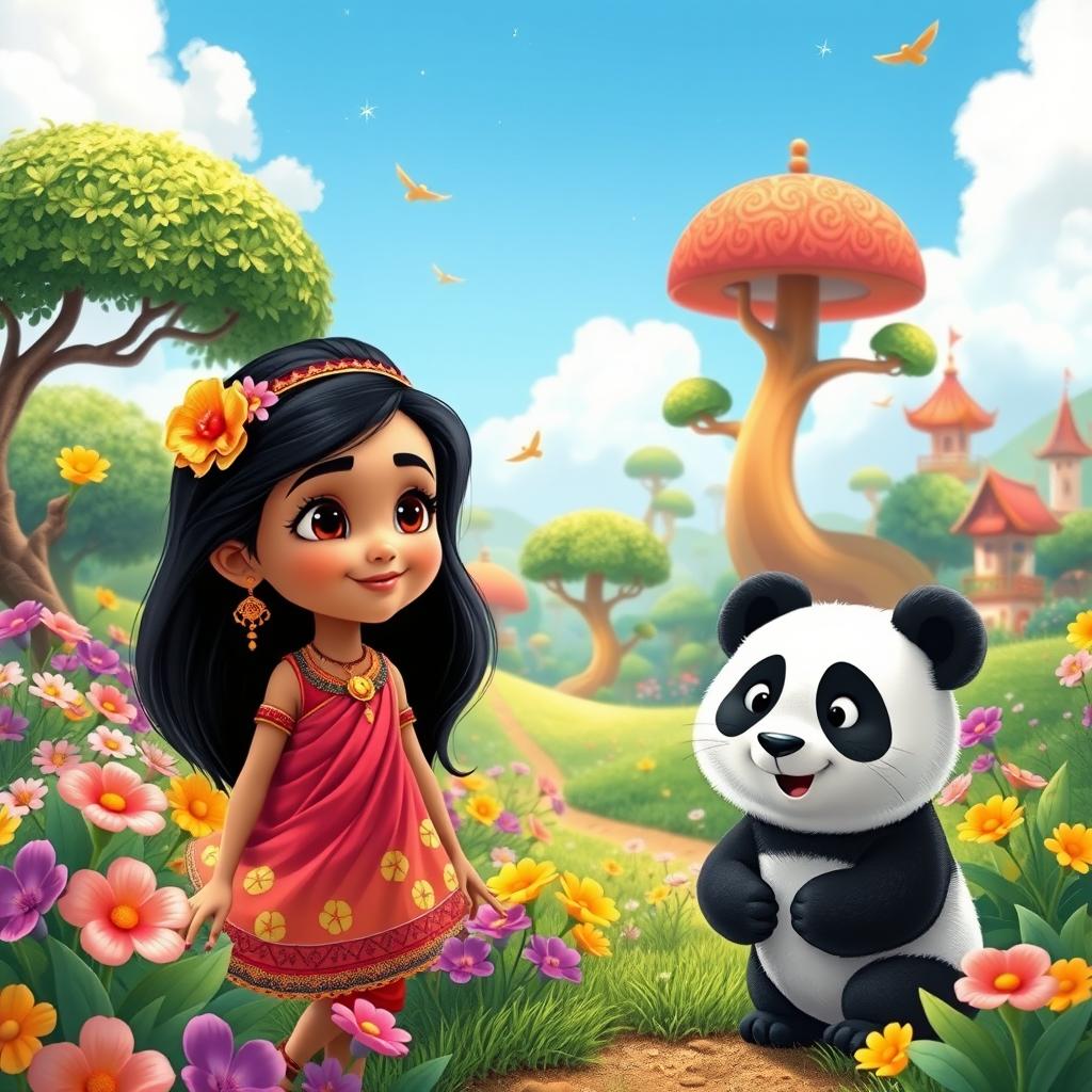 An adorable Indian girl and a cute panda, both wearing matching colorful outfits, exploring a paradise filled with vibrant flowers, lush greenery, and whimsical trees