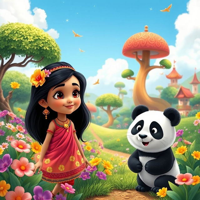 An adorable Indian girl and a cute panda, both wearing matching colorful outfits, exploring a paradise filled with vibrant flowers, lush greenery, and whimsical trees
