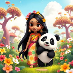 An adorable Indian girl and a cute panda, both wearing matching colorful outfits, exploring a paradise filled with vibrant flowers, lush greenery, and whimsical trees