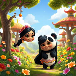 An adorable Indian girl and a cute panda, both wearing matching colorful outfits, exploring a paradise filled with vibrant flowers, lush greenery, and whimsical trees