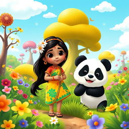 An adorable Indian girl and a cute panda, both wearing matching colorful outfits, exploring a paradise filled with vibrant flowers, lush greenery, and whimsical trees