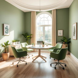 An office room featuring a circular design, with a stylish round table and comfortable chairs