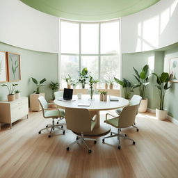An office room featuring a circular design, with a stylish round table and comfortable chairs