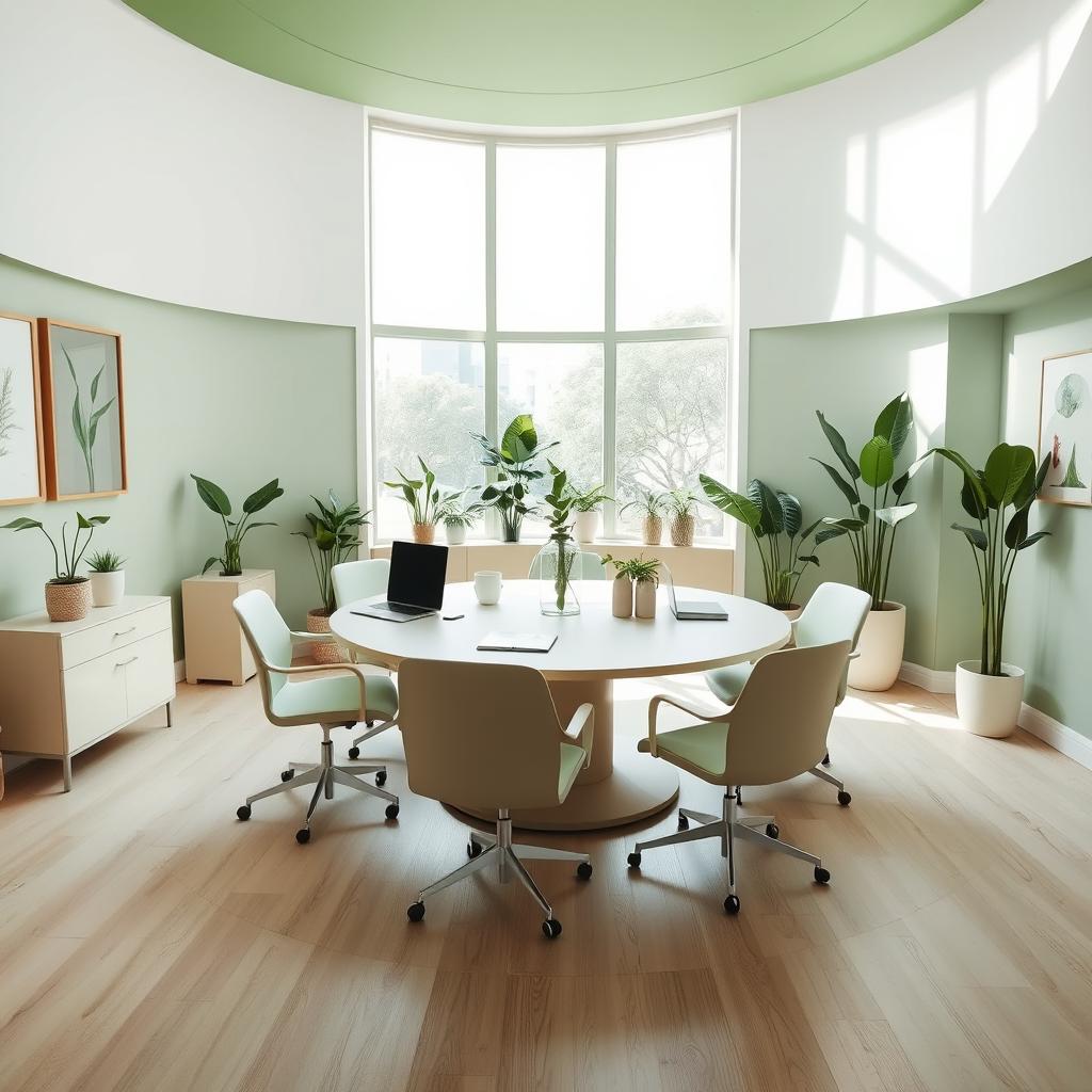 An office room featuring a circular design, with a stylish round table and comfortable chairs