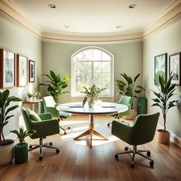 An office room featuring a circular design, with a stylish round table and comfortable chairs