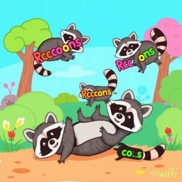 An animated drawing of playful raccoons, engaging in fun activities like rolling around, chasing each other, and exploring