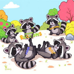An animated drawing of playful raccoons, engaging in fun activities like rolling around, chasing each other, and exploring