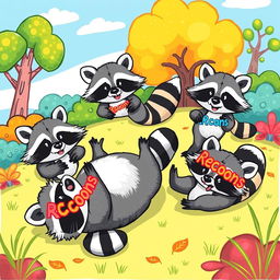 An animated drawing of playful raccoons, engaging in fun activities like rolling around, chasing each other, and exploring