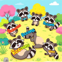 An animated drawing of playful raccoons, engaging in fun activities like rolling around, chasing each other, and exploring