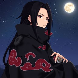 A detailed illustration of Uchiha Itachi, a character from the anime Naruto, sitting calmly with a composed expression, his sharp eyes reflecting intelligence and a hint of sadness
