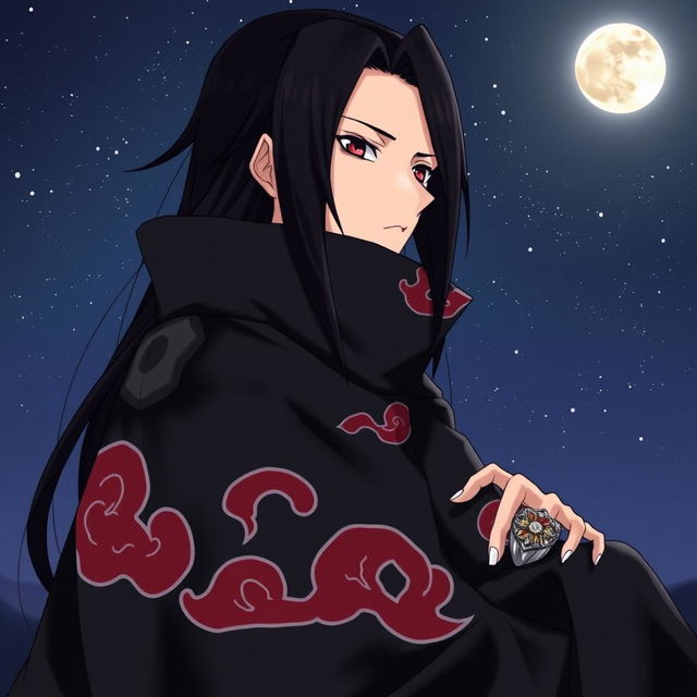 A detailed illustration of Uchiha Itachi, a character from the anime Naruto, sitting calmly with a composed expression, his sharp eyes reflecting intelligence and a hint of sadness