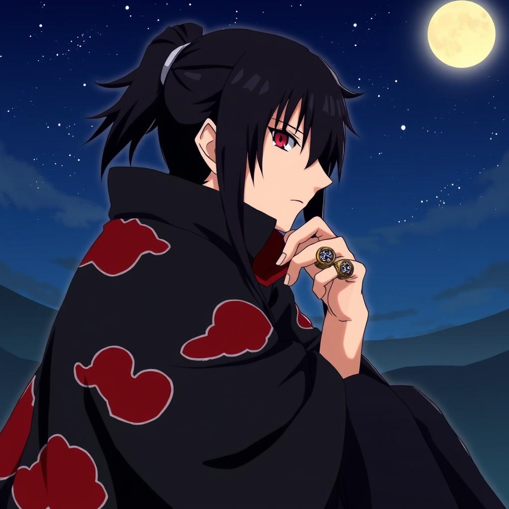 A detailed illustration of Uchiha Itachi, a character from the anime Naruto, sitting calmly with a composed expression, his sharp eyes reflecting intelligence and a hint of sadness