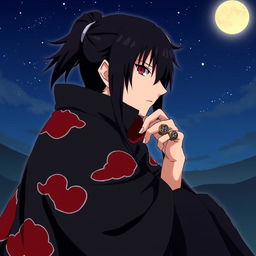 A detailed illustration of Uchiha Itachi, a character from the anime Naruto, sitting calmly with a composed expression, his sharp eyes reflecting intelligence and a hint of sadness