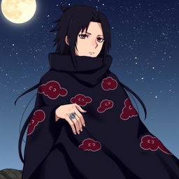A detailed illustration of Uchiha Itachi, a character from the anime Naruto, sitting calmly with a composed expression, his sharp eyes reflecting intelligence and a hint of sadness