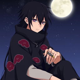 A detailed illustration of Uchiha Itachi, a character from the anime Naruto, sitting calmly with a composed expression, his sharp eyes reflecting intelligence and a hint of sadness