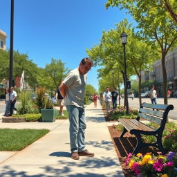 A humorous scene depicting a man casually peeing on the sidewalk, the setting is a bright sunny day in an urban environment with trees lining the street and pedestrians walking by, the man is wearing casual clothes, possibly a t-shirt and jeans, looking relaxed and unconcerned