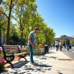 A humorous scene depicting a man casually peeing on the sidewalk, the setting is a bright sunny day in an urban environment with trees lining the street and pedestrians walking by, the man is wearing casual clothes, possibly a t-shirt and jeans, looking relaxed and unconcerned