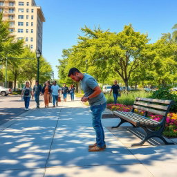 A humorous scene depicting a man casually peeing on the sidewalk, the setting is a bright sunny day in an urban environment with trees lining the street and pedestrians walking by, the man is wearing casual clothes, possibly a t-shirt and jeans, looking relaxed and unconcerned
