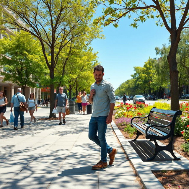 A humorous scene depicting a man casually peeing on the sidewalk, the setting is a bright sunny day in an urban environment with trees lining the street and pedestrians walking by, the man is wearing casual clothes, possibly a t-shirt and jeans, looking relaxed and unconcerned