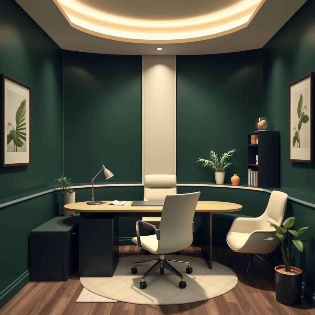 An office space featuring a semi-circular layout with a stylish desk and comfortable chair