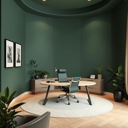 An office space featuring a semi-circular layout with a stylish desk and comfortable chair