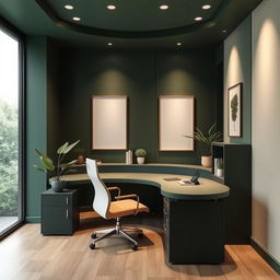 An office space featuring a semi-circular layout with a stylish desk and comfortable chair