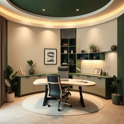 An office space featuring a semi-circular layout with a stylish desk and comfortable chair