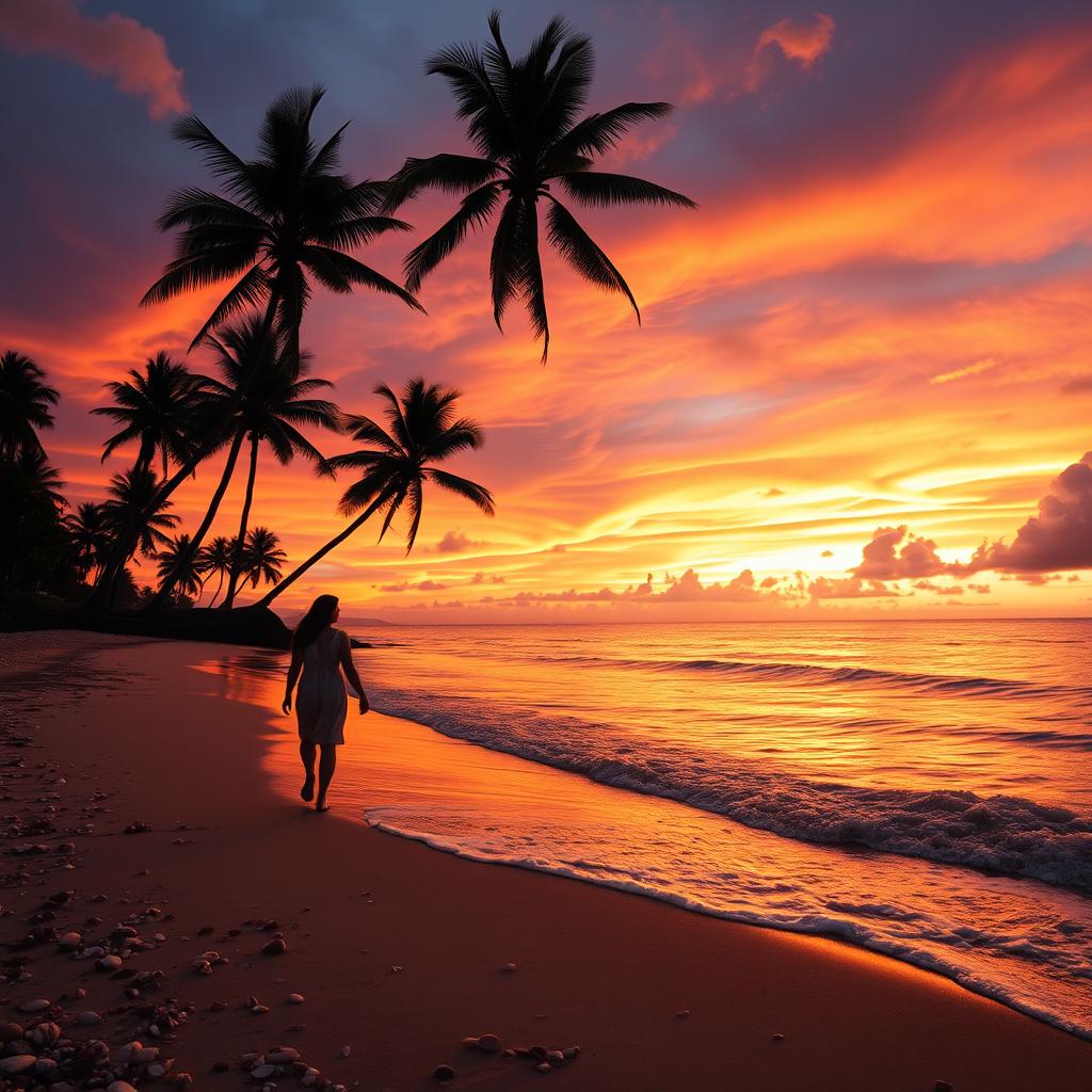 A beautiful sunset over a tranquil beach, with waves gently lapping at the shore, palm trees swaying in the breeze, and a colorful sky filled with shades of orange, pink, and purple