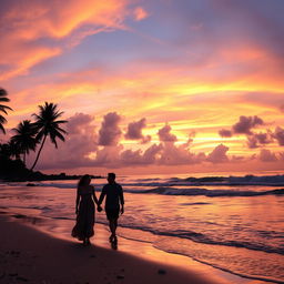 A beautiful sunset over a tranquil beach, with waves gently lapping at the shore, palm trees swaying in the breeze, and a colorful sky filled with shades of orange, pink, and purple