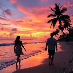 A beautiful sunset over a tranquil beach, with waves gently lapping at the shore, palm trees swaying in the breeze, and a colorful sky filled with shades of orange, pink, and purple