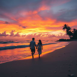 A beautiful sunset over a tranquil beach, with waves gently lapping at the shore, palm trees swaying in the breeze, and a colorful sky filled with shades of orange, pink, and purple