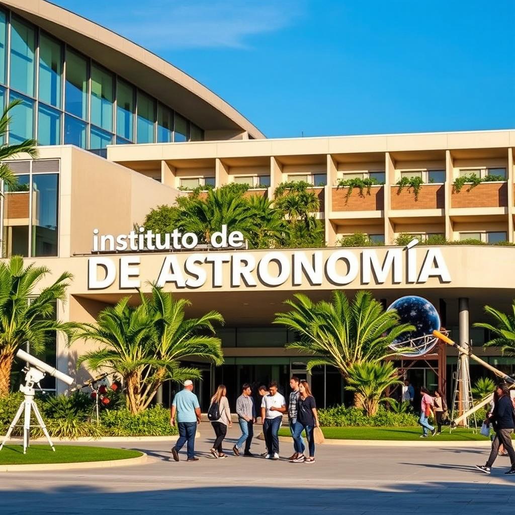 A university building prominently featuring a large sign that reads 'Instituto de Astronomia'
