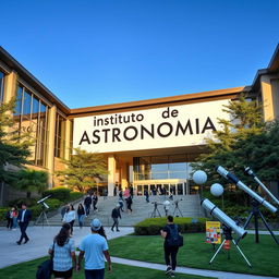 A university building prominently featuring a large sign that reads 'Instituto de Astronomia'
