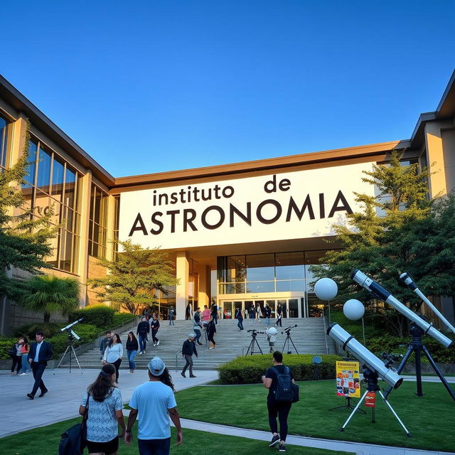 A university building prominently featuring a large sign that reads 'Instituto de Astronomia'
