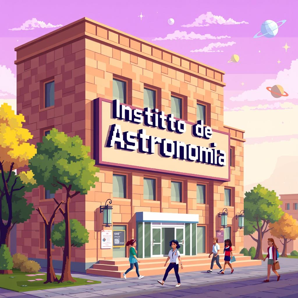 A pixel art representation of a university building featuring a large sign that reads 'Instituto de Astronomia'
