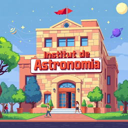 A pixel art representation of a university building featuring a large sign that reads 'Instituto de Astronomia'