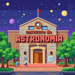A pixel art representation of a university building featuring a large sign that reads 'Instituto de Astronomia'