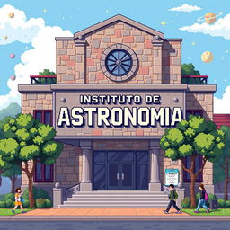 A pixel art representation of a university building featuring a large sign that reads 'Instituto de Astronomia'